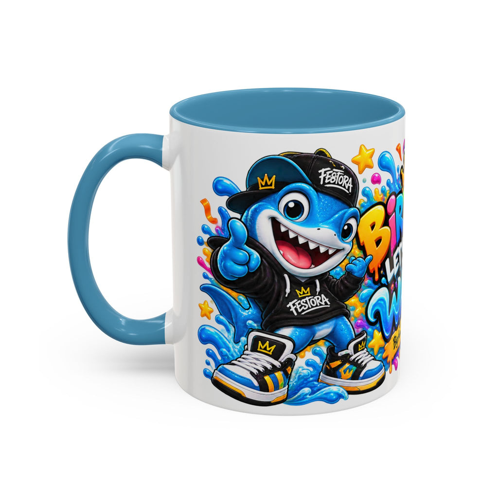 BIRTHDAY? LET’S MAKE WAVES! White Ceramic Mug – Funny Shark Birthday Coffee Cup – Original FestoraShop Design