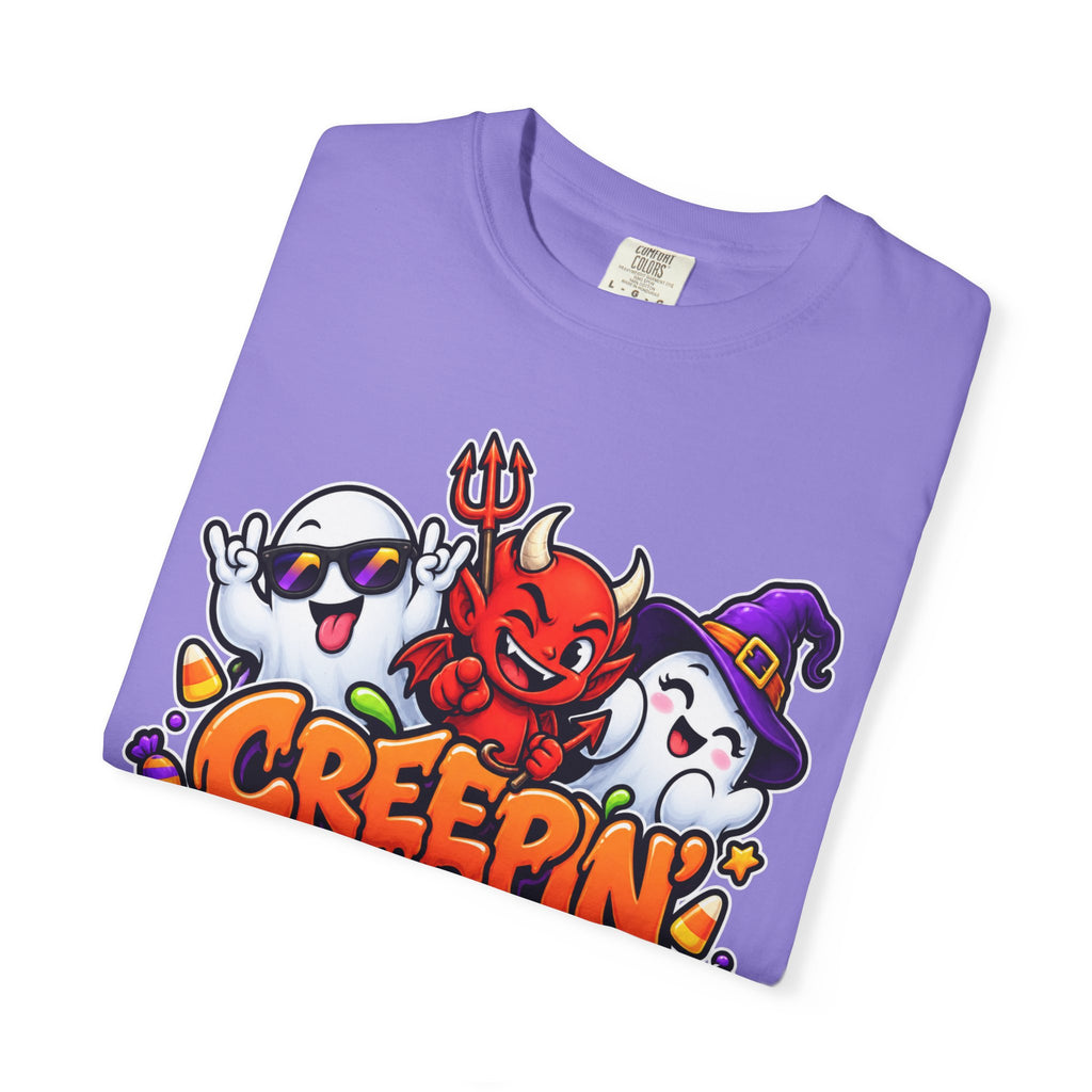 Creepin’ With My Crew Halloween T-Shirt – Colorful Funny Ghost & Devil Graphic Tee