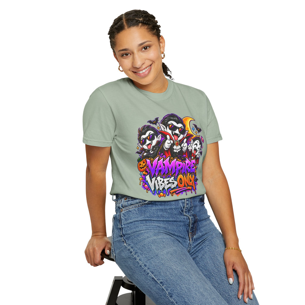 Neon Vampire Vibes Halloween Unisex Garment-Dyed T-Shirt Featuring a Cool Festora Vampire Crew