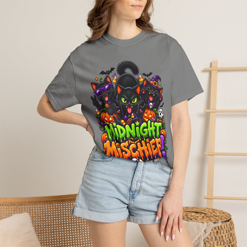 Midnight Mischief Halloween T-Shirt – Funny Black Cat Graphic Tee