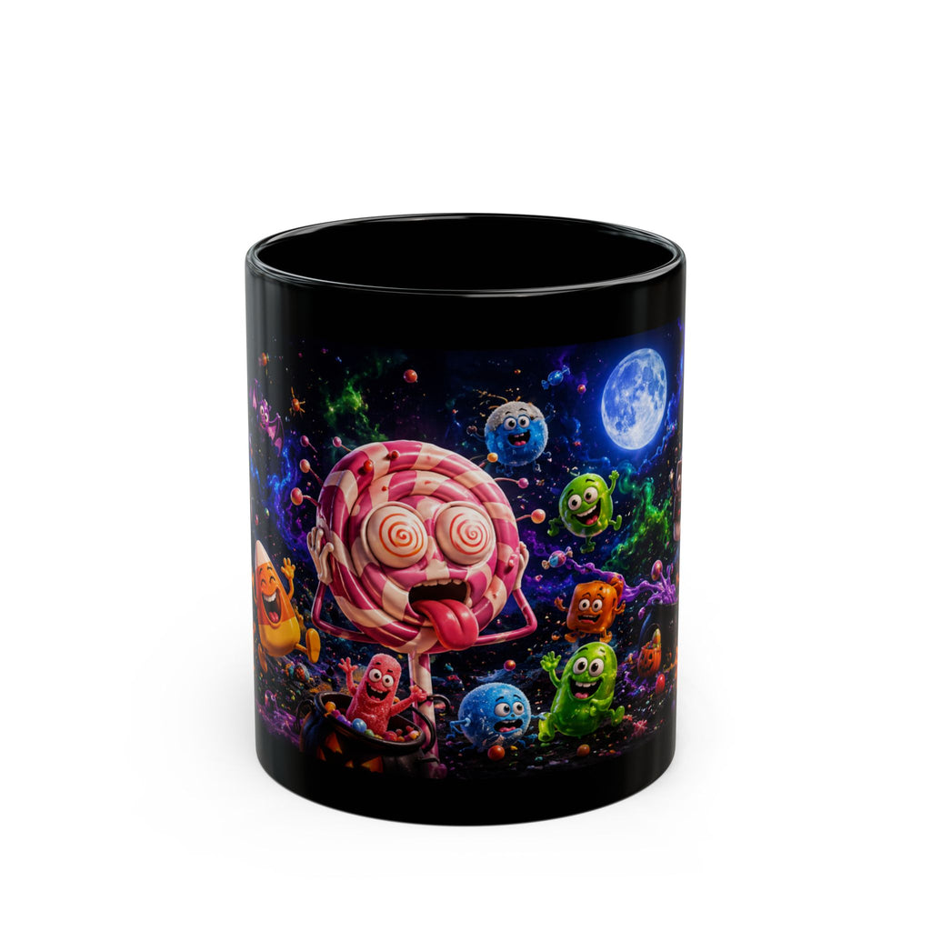 Spooky Candy Monsters Black Mug — Cute Moonlit Halloween Candy Moon Coffee Cup (11oz/15oz)