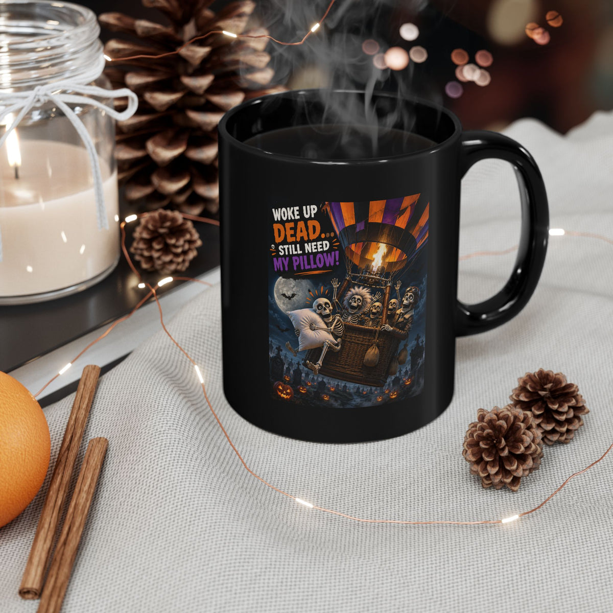 Halloween Mug — "Woke Up Dead, Still Need My Pillow" Ghost & Pumpkin Coffee Cup (11oz/15oz)