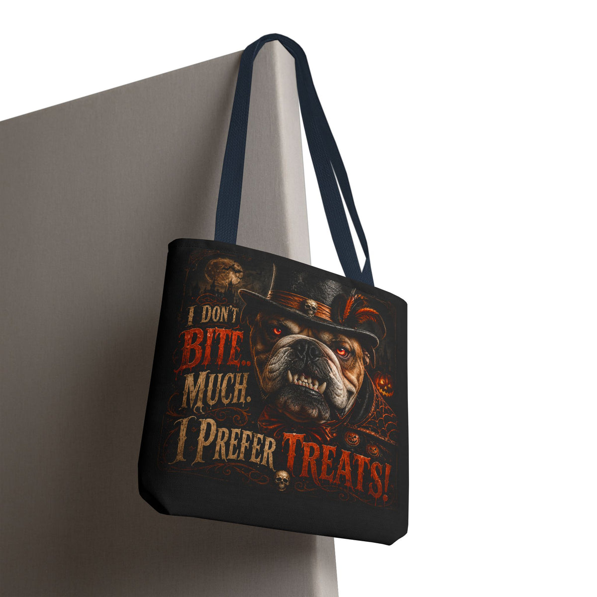 Halloween Bulldog Tote Bag — "I Don't Bite Much, I Prefer Treats" Candy‑Lovers Reusable Bag