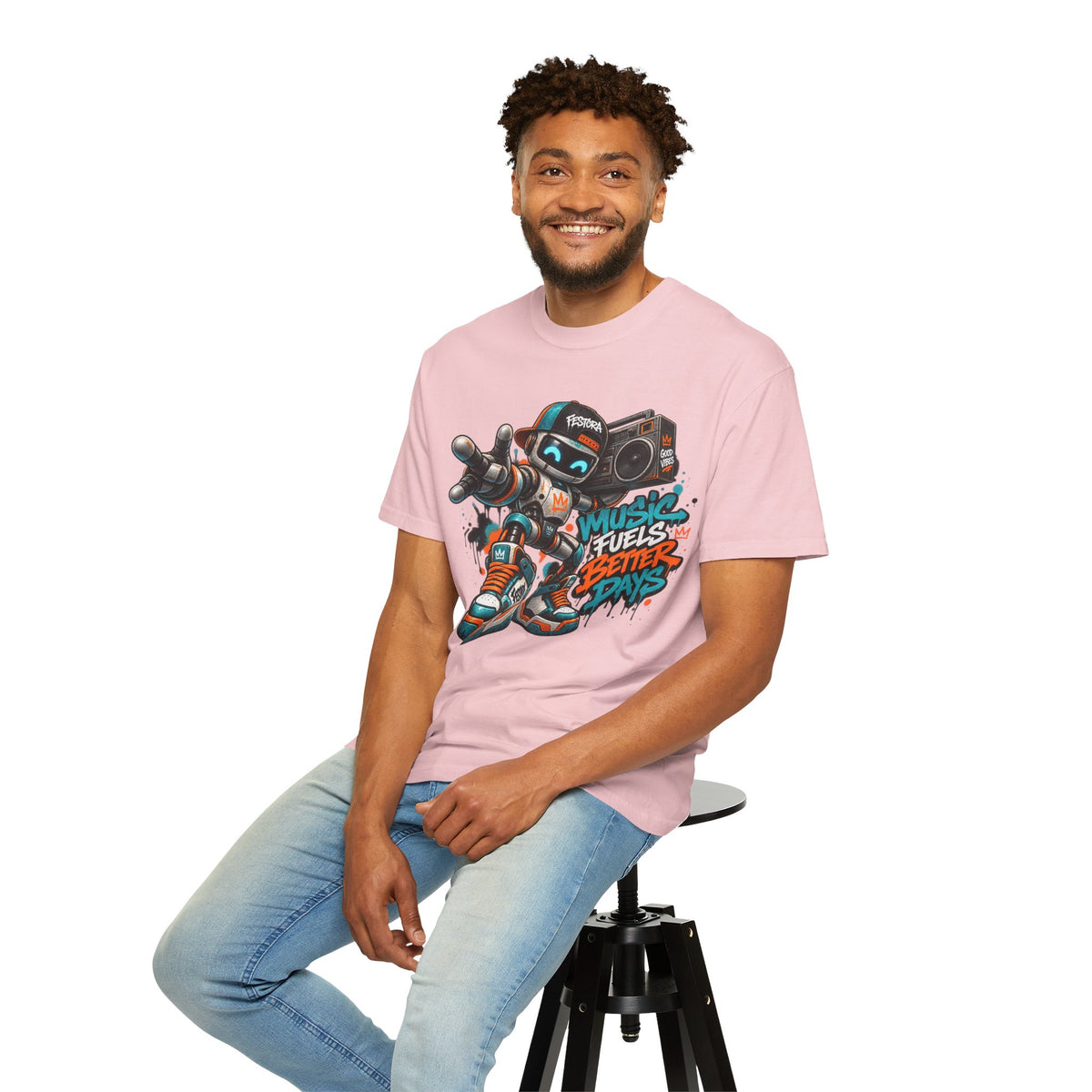 Music Fuels Better Days T-Shirt — Retro Robot Boombox Streetwear