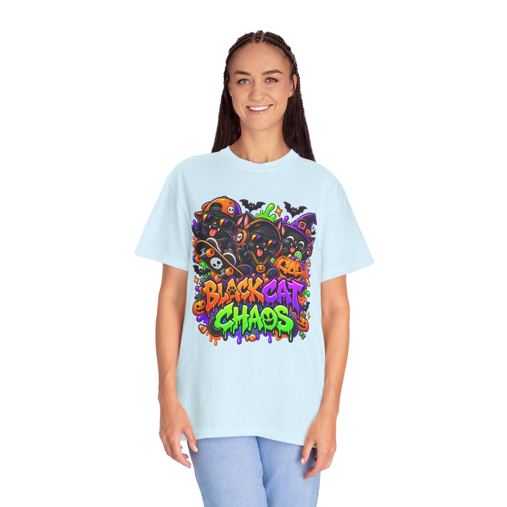 Neon Black Cat Halloween Chaos T-Shirt | Cute Spooky Cat Graphic Tee