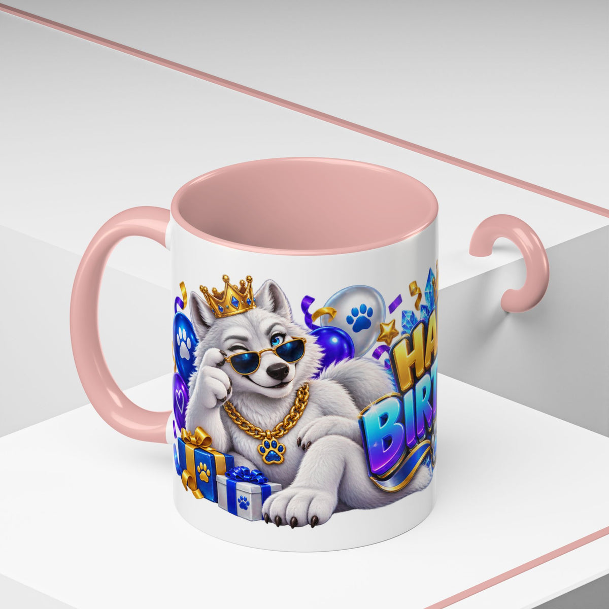 White Wolf Happy Birthday Mug – Blue Purple & Gold Birthday Gift – FestoraShop White Coffee Mug