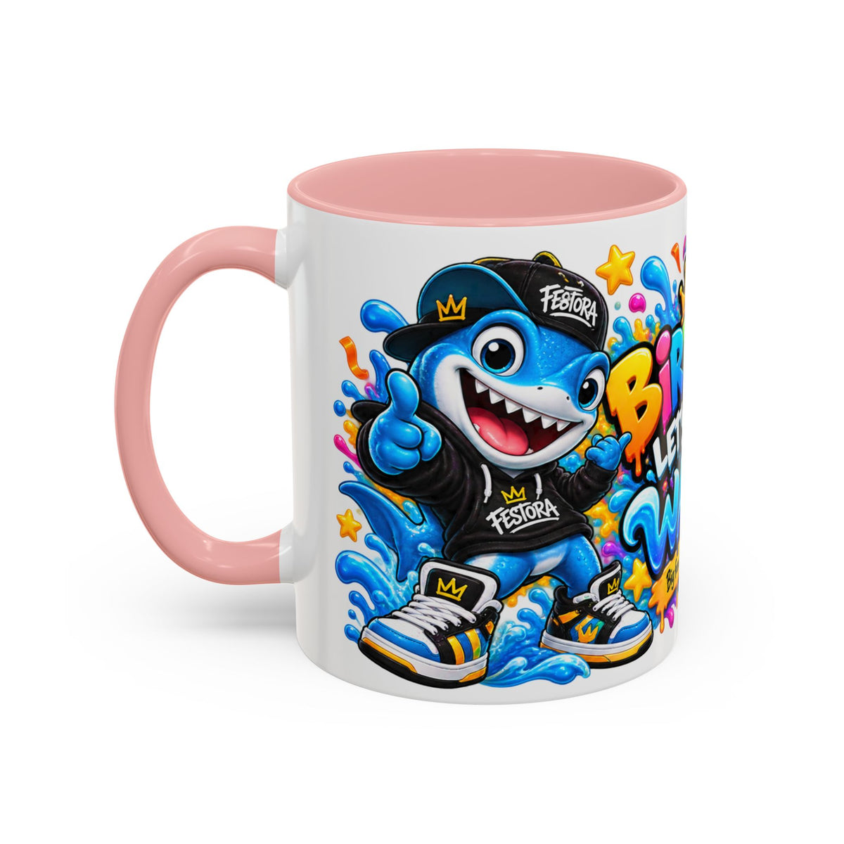 BIRTHDAY? LET’S MAKE WAVES! White Ceramic Mug – Funny Shark Birthday Coffee Cup – Original FestoraShop Design