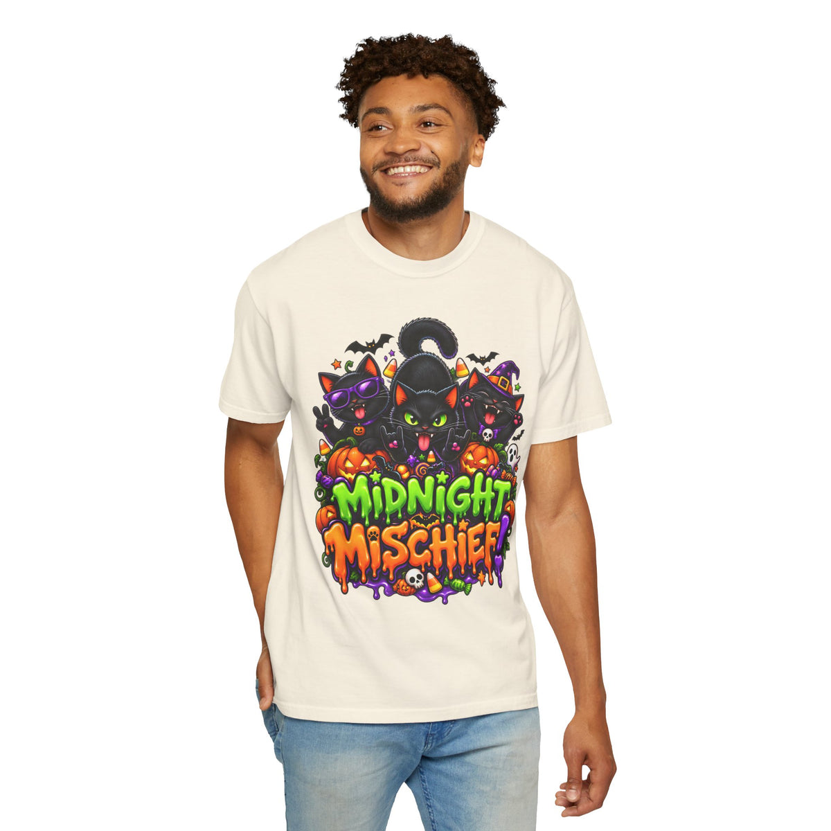 Midnight Mischief Halloween T-Shirt – Funny Black Cat Graphic Tee