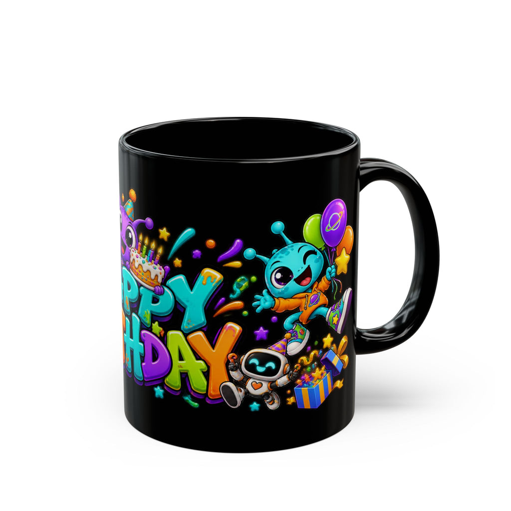 Happy Birthday Alien Mug – Colorful Space Party Mug with Cute Aliens & Robots
