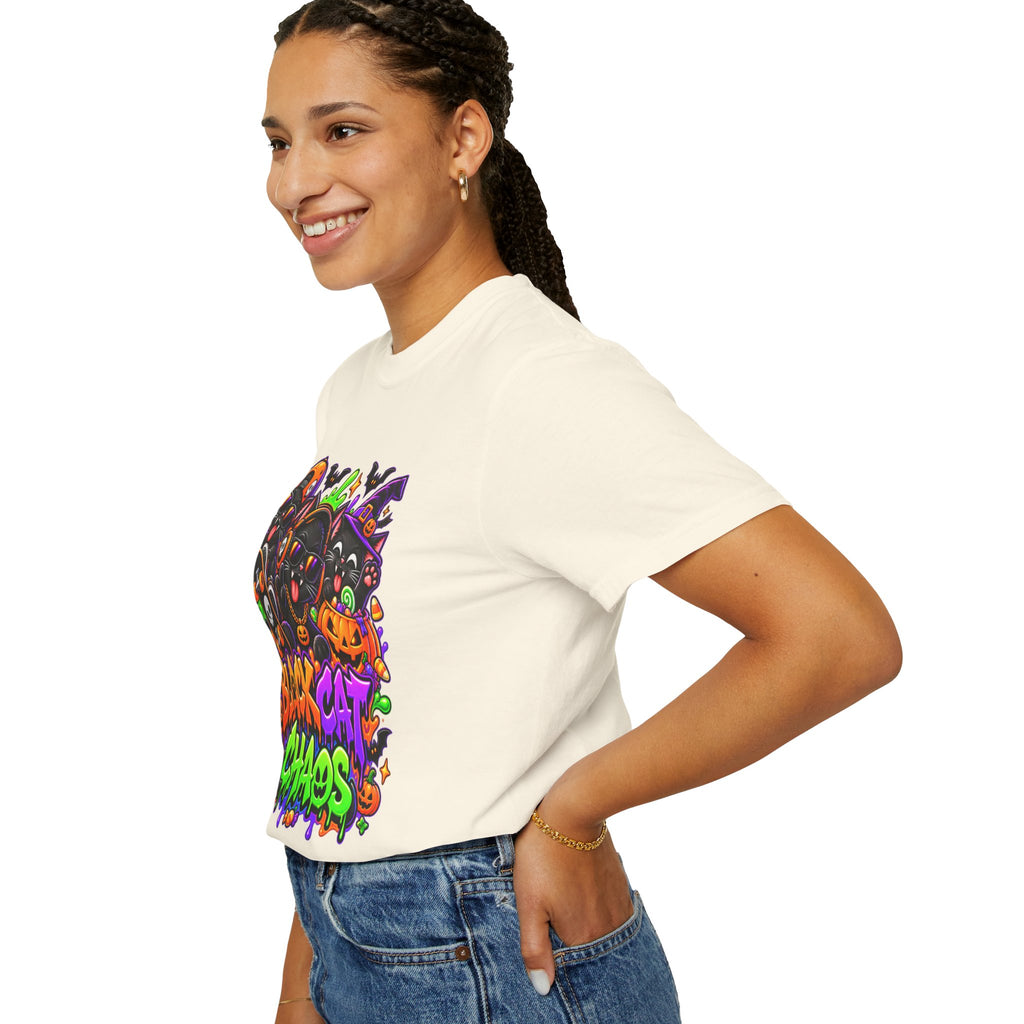 Neon Black Cat Halloween Chaos T-Shirt | Cute Spooky Cat Graphic Tee