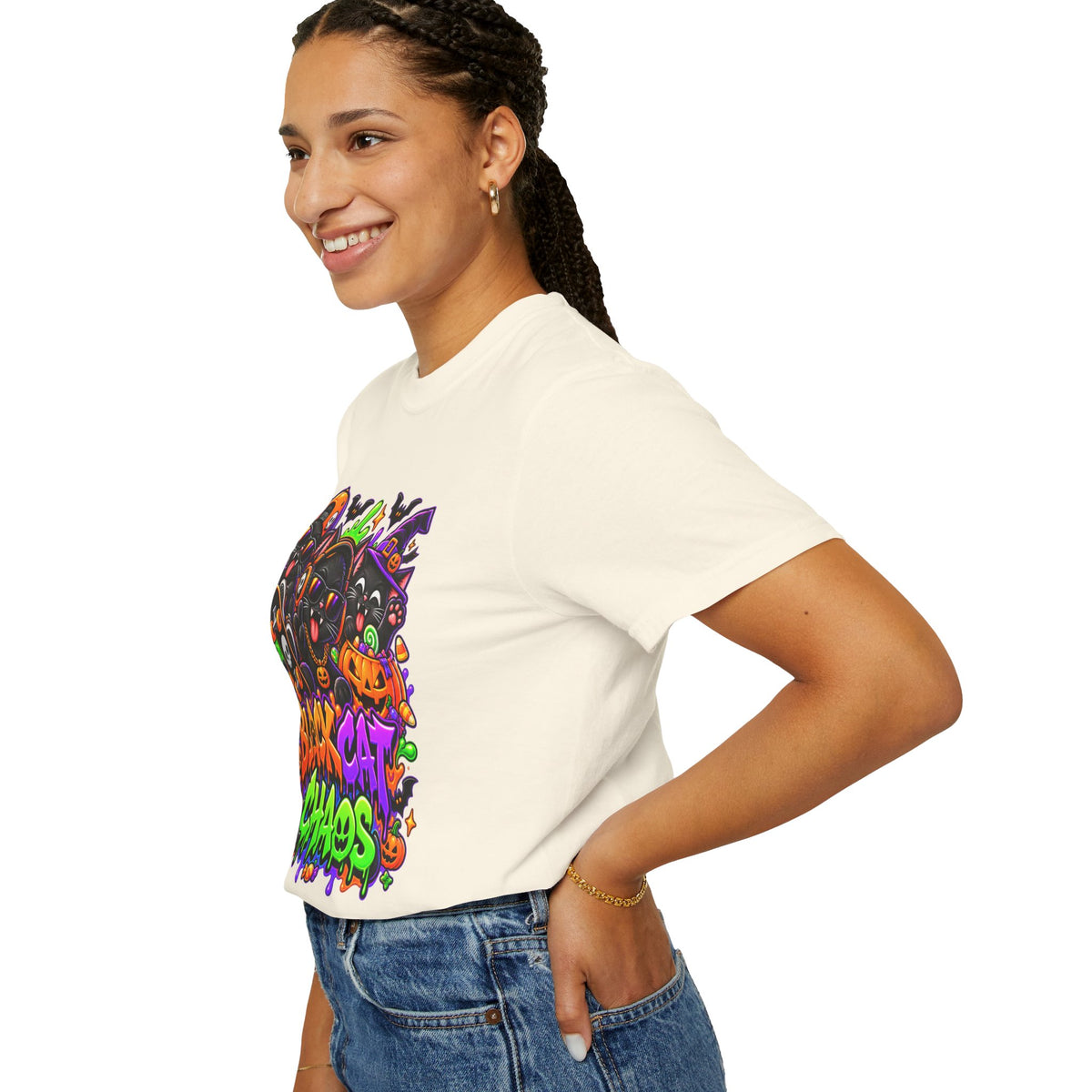 Neon Black Cat Halloween Chaos T-Shirt | Cute Spooky Cat Graphic Tee