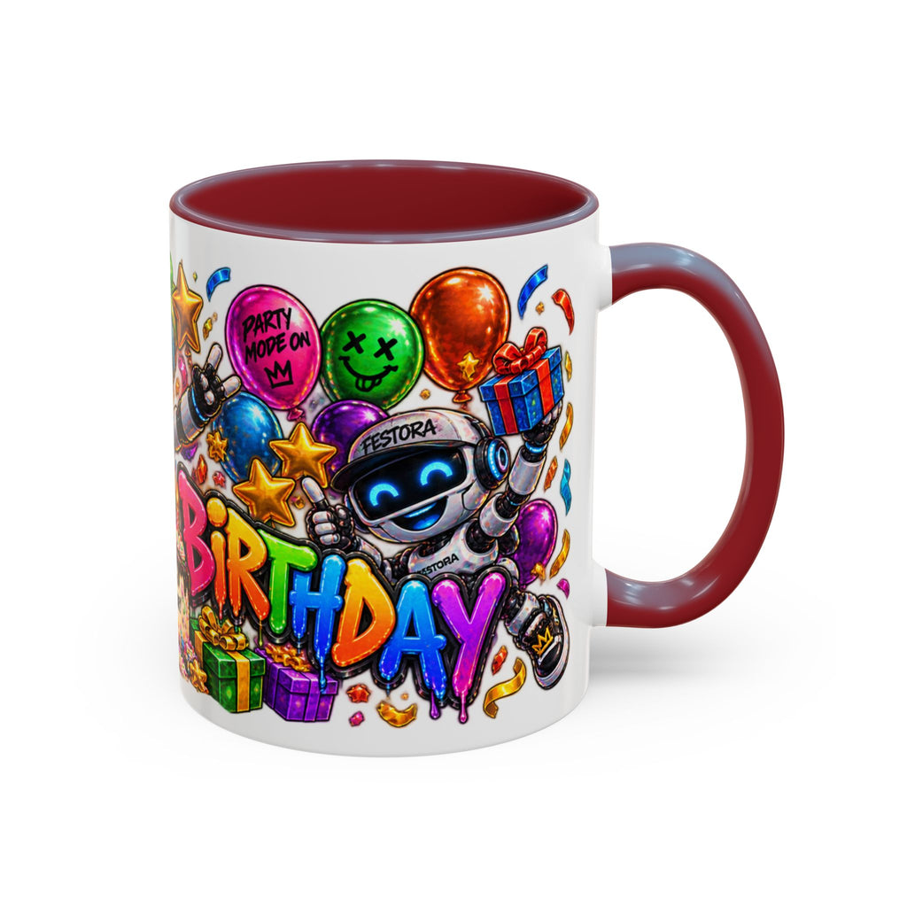 Birthday Robot Coffee Mug — Colorful Happy Birthday Accent Mug (11oz)