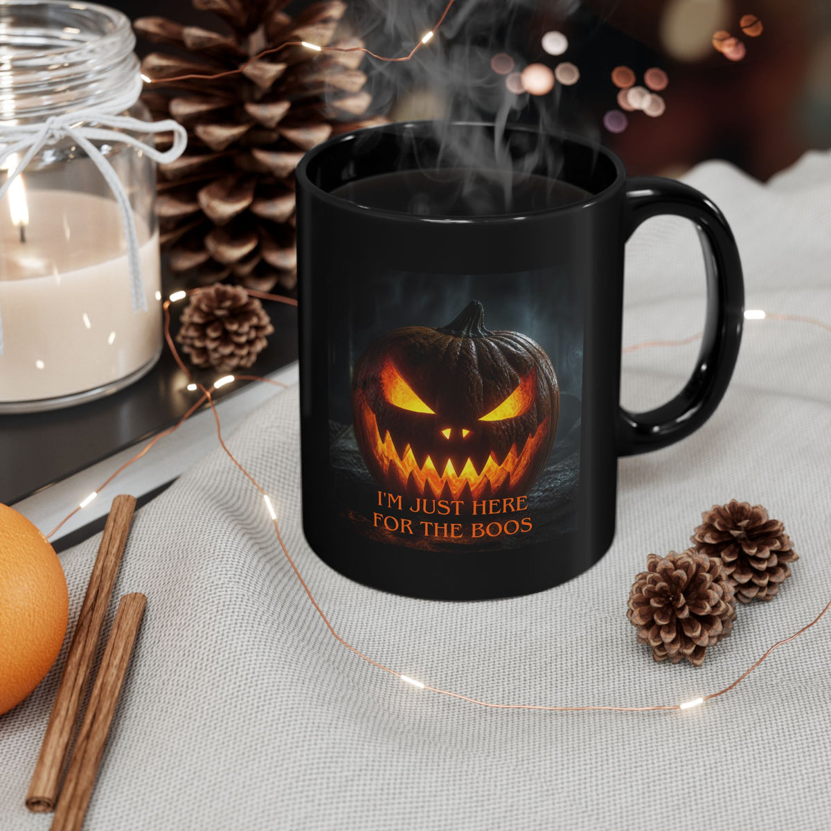 Halloween Pumpkin Mug – "I’m Just Here for the Boos" Black Coffee Cup