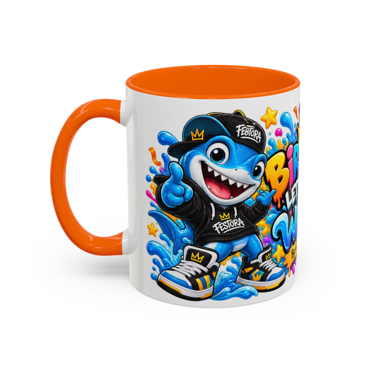 BIRTHDAY? LET’S MAKE WAVES! White Ceramic Mug – Funny Shark Birthday Coffee Cup – Original FestoraShop Design
