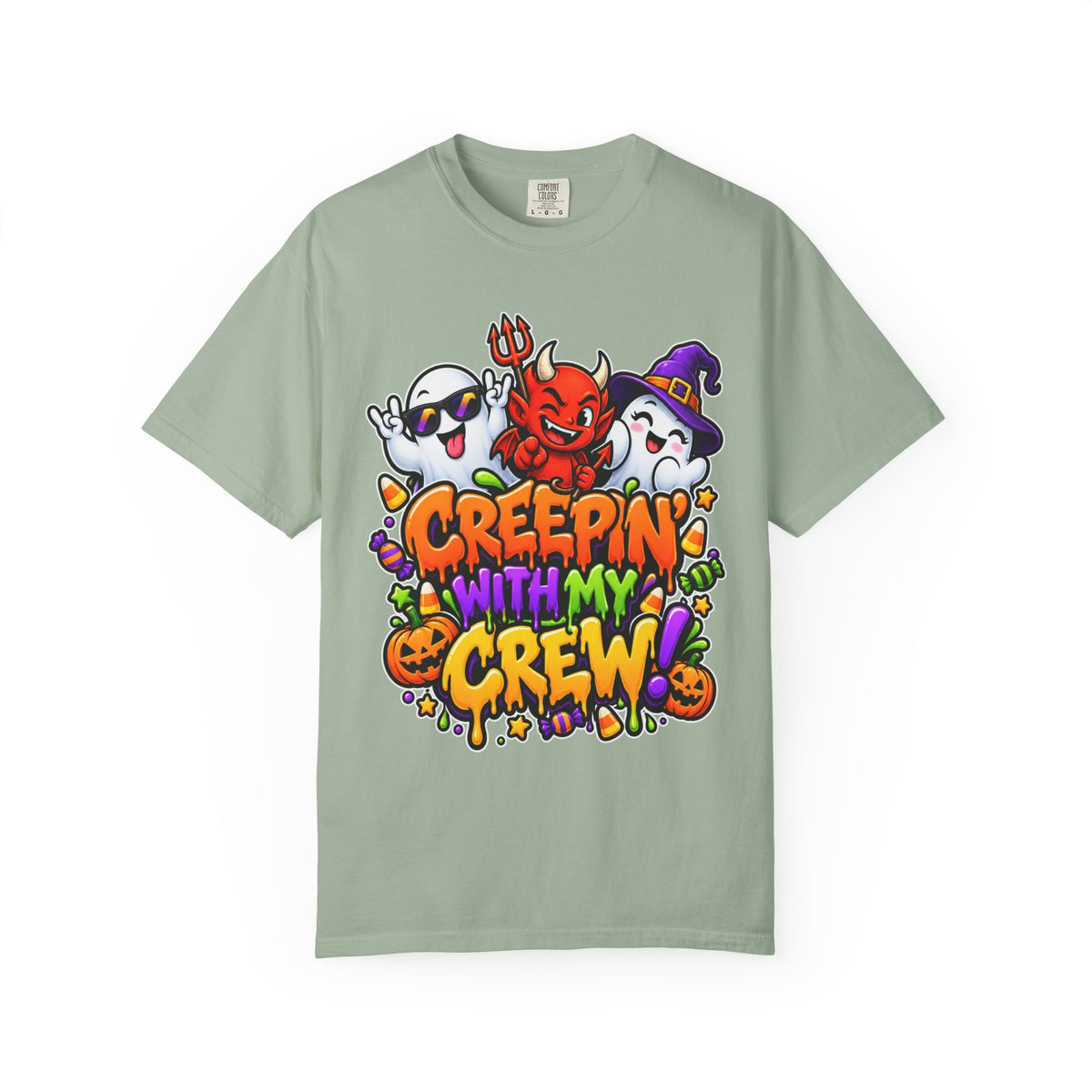 Creepin’ With My Crew Halloween T-Shirt – Colorful Funny Ghost & Devil Graphic Tee