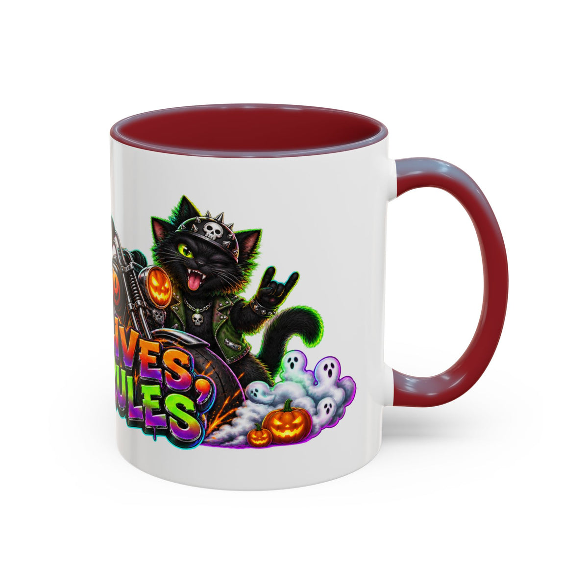Nine Lives Zero Rules Biker Cats Halloween White Mug