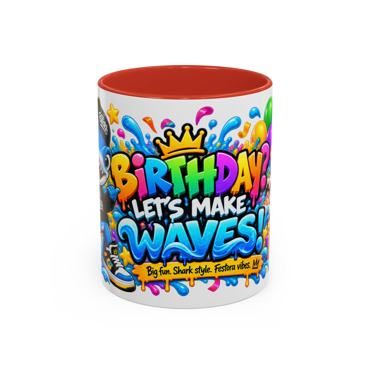 BIRTHDAY? LET’S MAKE WAVES! White Ceramic Mug – Funny Shark Birthday Coffee Cup – Original FestoraShop Design