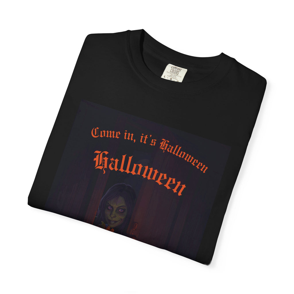 Halloween 'Come In, It’s Halloween' T-Shirt — Spooky Pumpkin & Ghostly Door Graphic