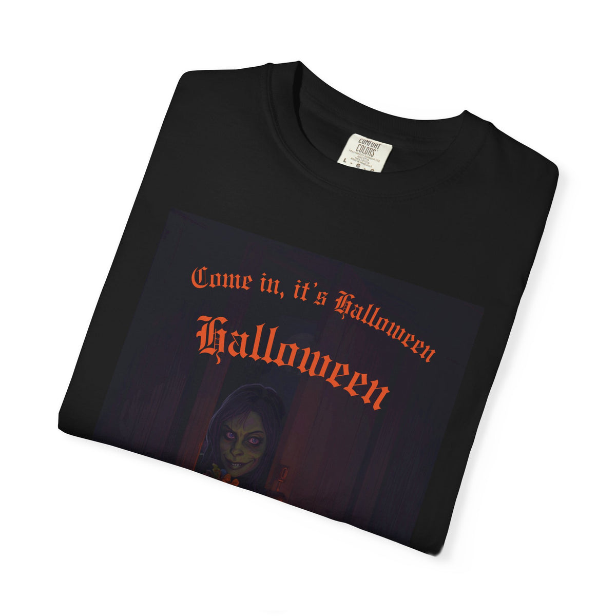 Halloween 'Come In, It’s Halloween' T-Shirt — Spooky Pumpkin & Ghostly Door Graphic