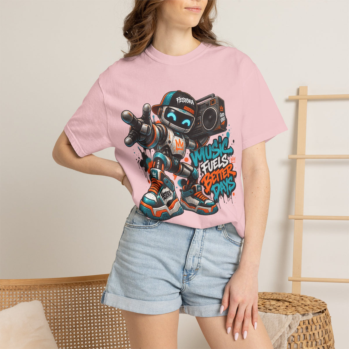 Music Fuels Better Days T-Shirt — Retro Robot Boombox Streetwear