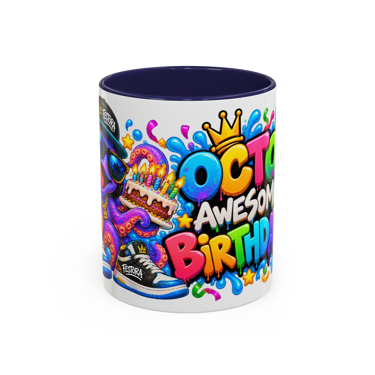 OCTO AWESOME BIRTHDAY! White Ceramic Mug – Funny Octopus Birthday Coffee Cup – Colorful Party Gift – Original FestoraShop Design