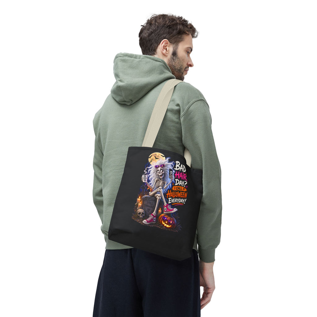 Halloween Skeleton Tote Bag — "Bad Hair Day? I Call It Halloween Everyday" Graphic