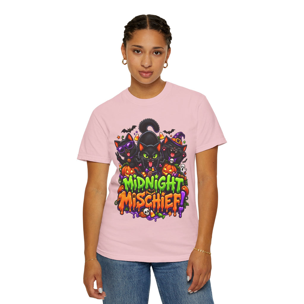 Midnight Mischief Halloween T-Shirt – Funny Black Cat Graphic Tee