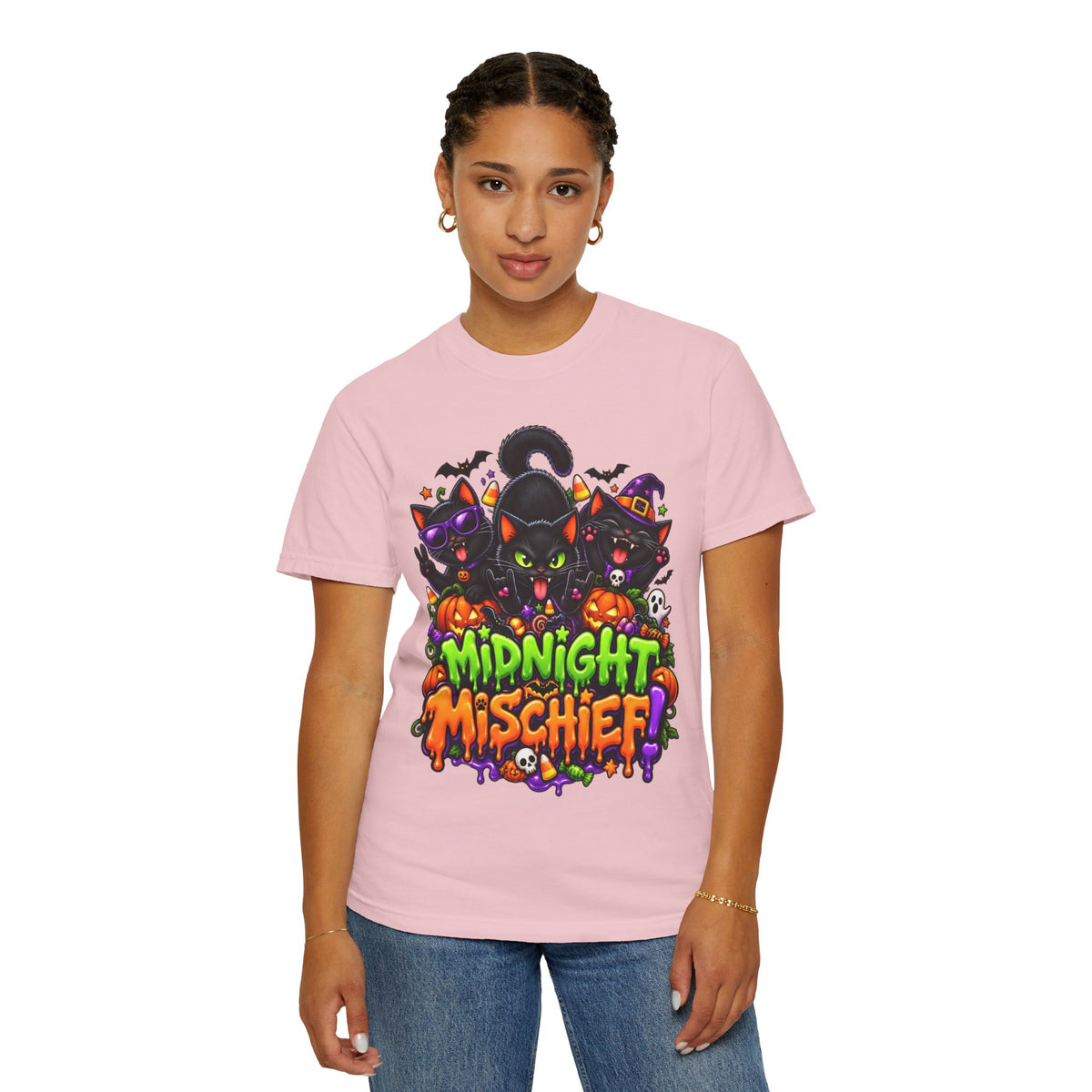 Midnight Mischief Halloween T-Shirt – Funny Black Cat Graphic Tee