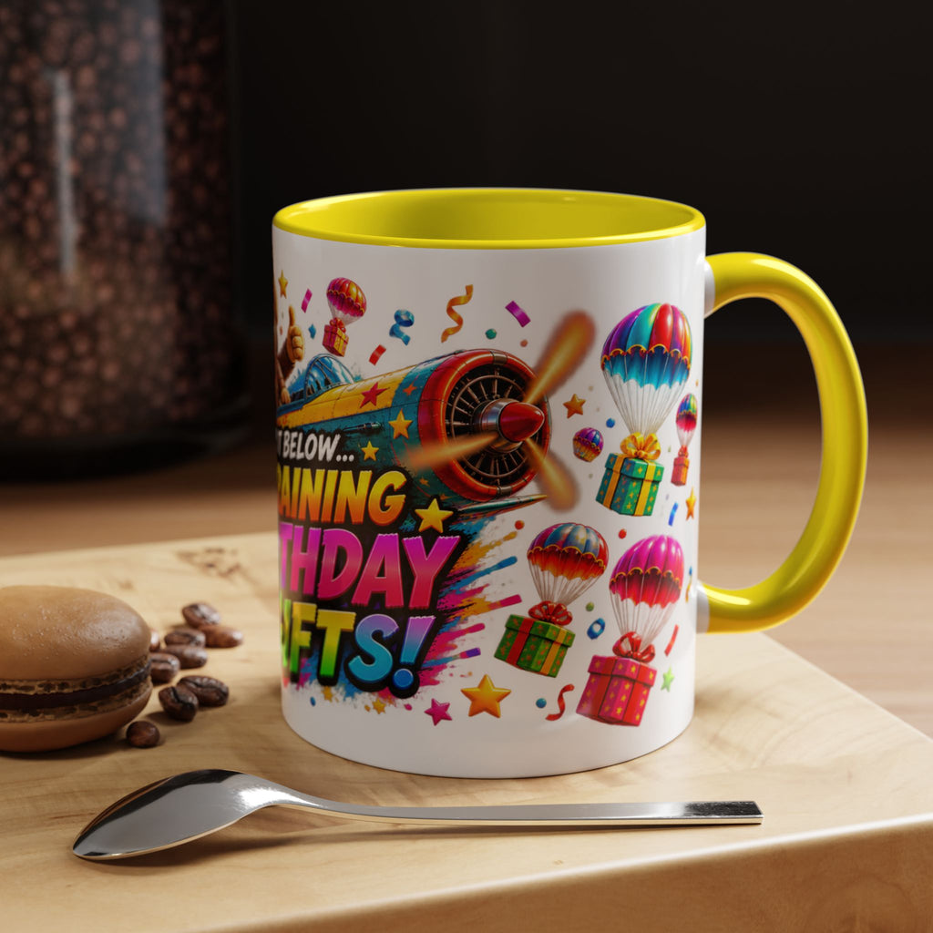 Birthday Gifts Coffee Mug — "It's Raining Birthday Gifts!" Colorful Accent Mug