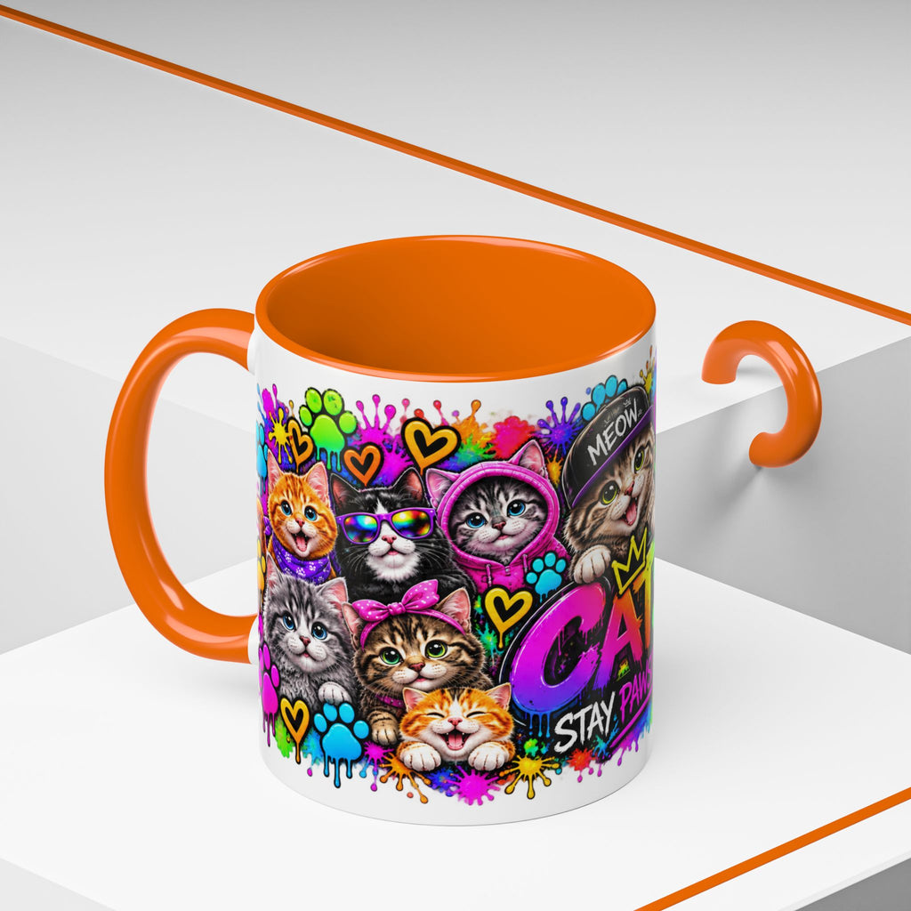 Cats Stay Pawsitive Accent Coffee Mug – Colorful Cute Cat Paw Print Design (11oz)