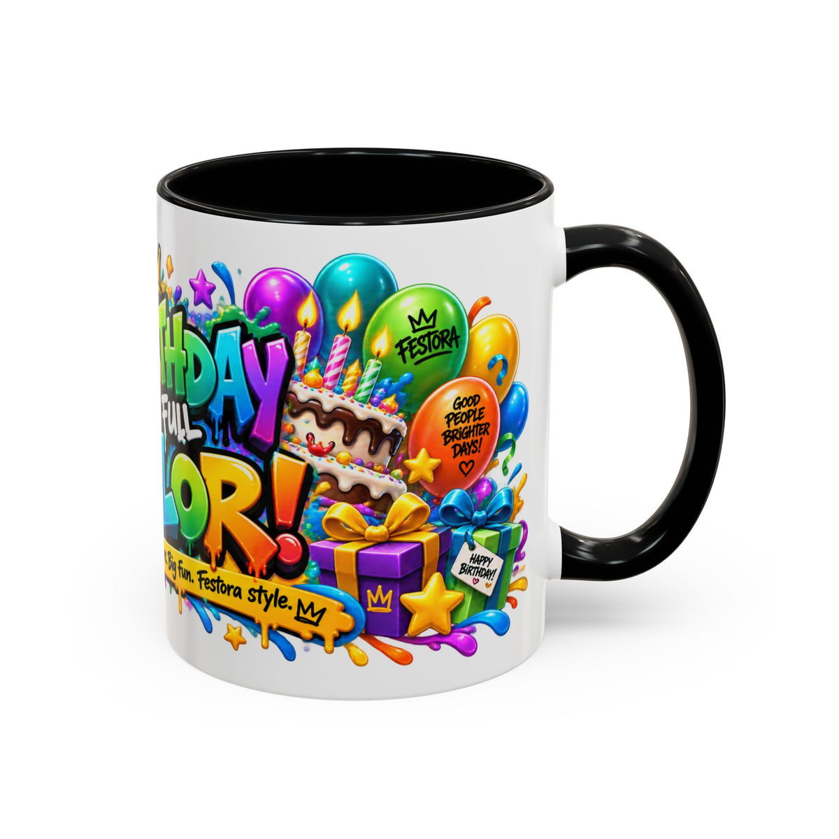 Birthday in Full Color White Ceramic Mug – Fun Colorful Birthday Coffee Cup – FestoraShop Original Design