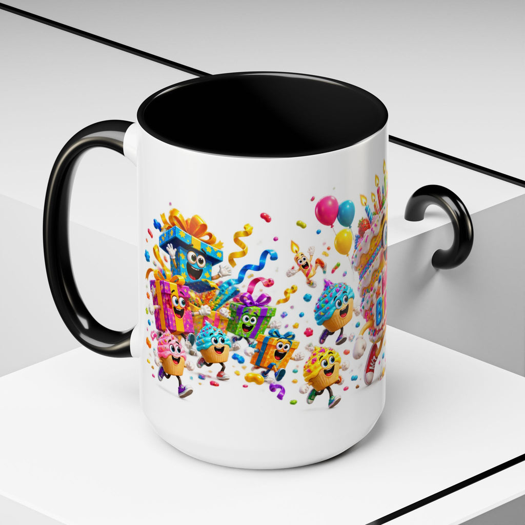 Birthday Party Coffee Mug – Colorful Happy Birthday Cake & Balloon Design (11/15oz Accent Mug)