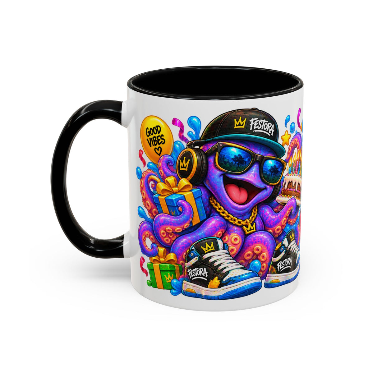 OCTO AWESOME BIRTHDAY! White Ceramic Mug – Funny Octopus Birthday Coffee Cup – Colorful Party Gift – Original FestoraShop Design