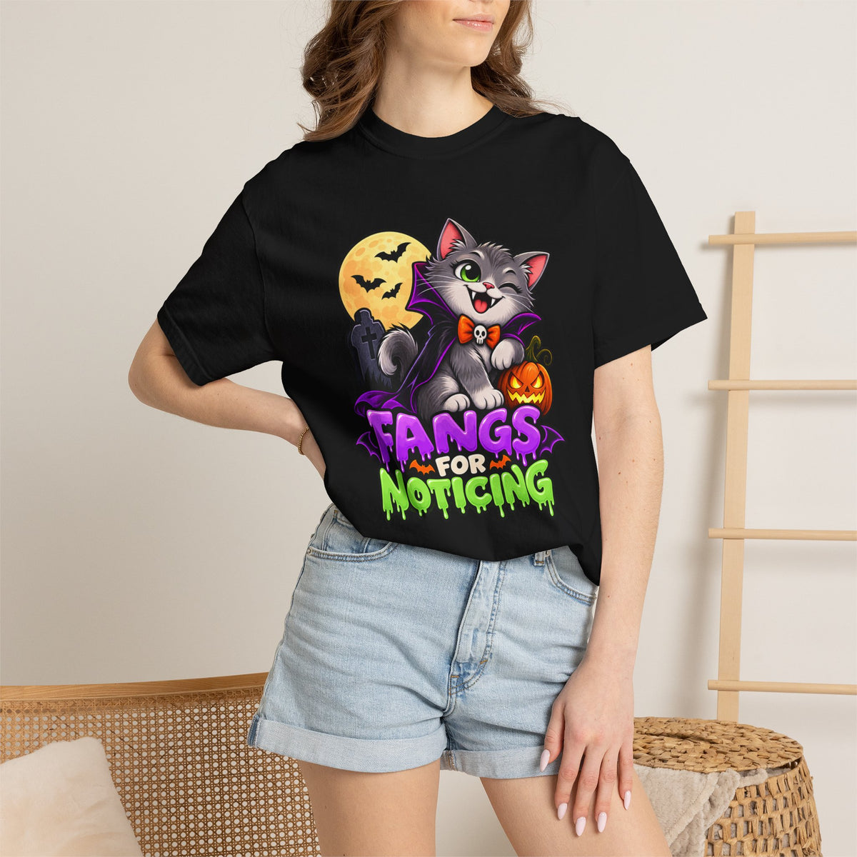 Fangs for Noticing – Cute Vampire Cat Halloween T-Shirt