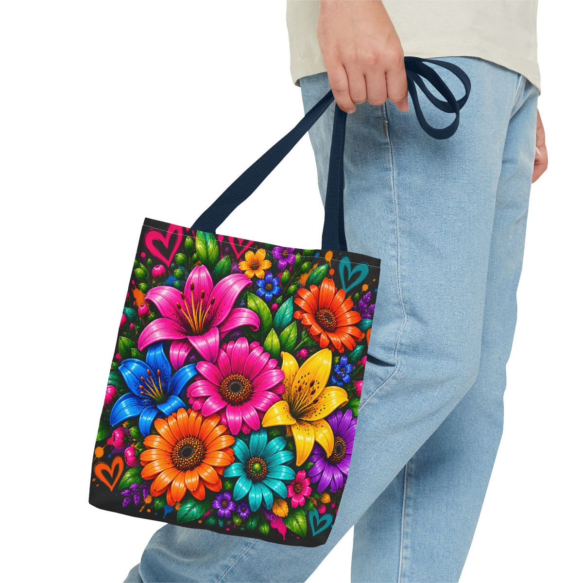 Festora Floral Burst Tote Bag — Colorful Flowers on Black