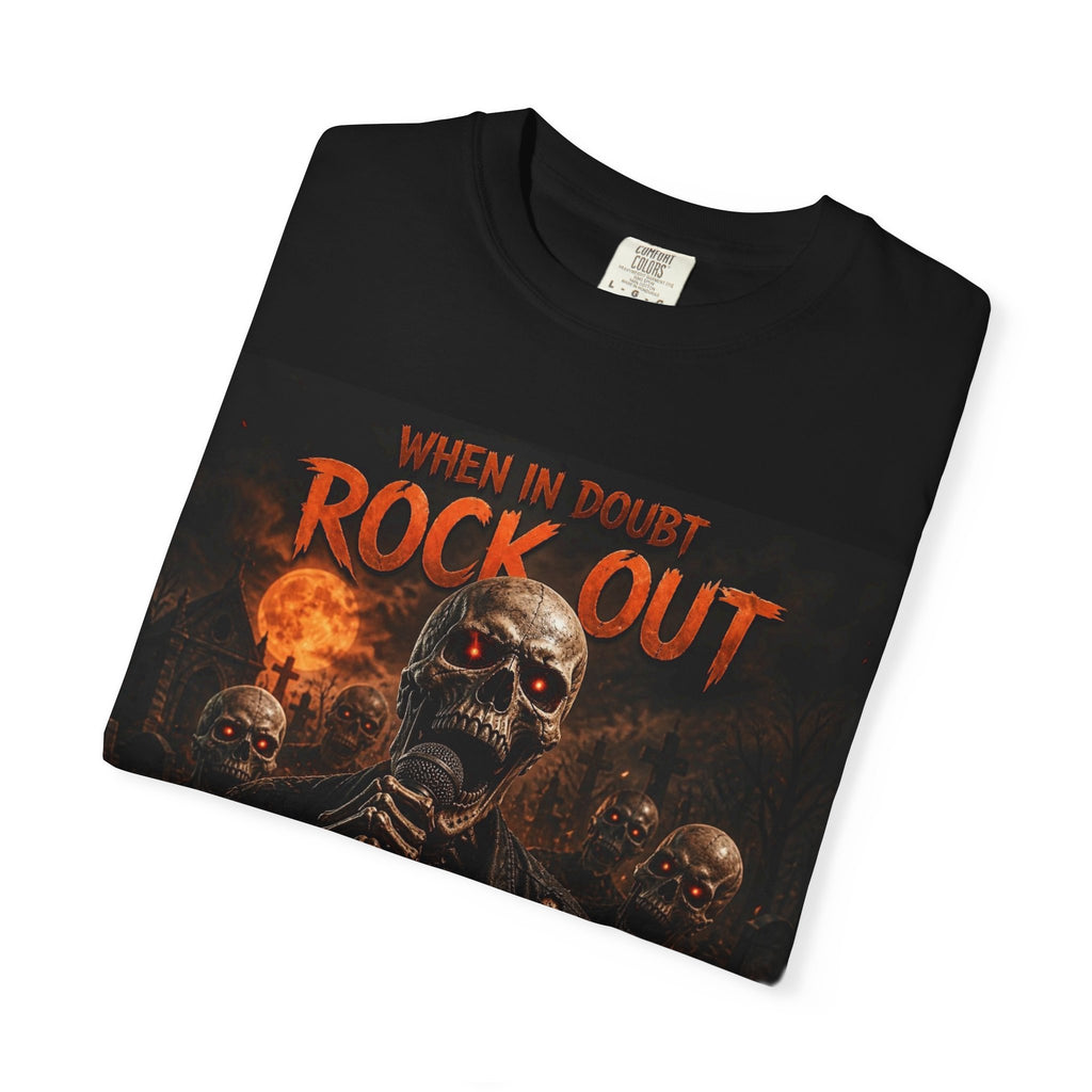 Rock Out Skeleton Halloween  Band T-Shirt — "When in Doubt Rock Out" Graphic Tee