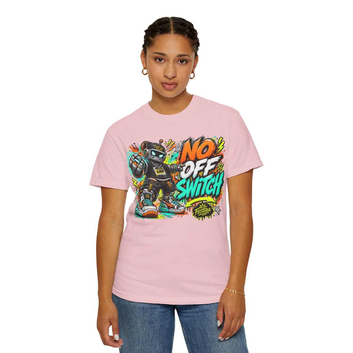 No Off Switch Robot Graphic T-Shirt — Bold Retro Streetwear Design