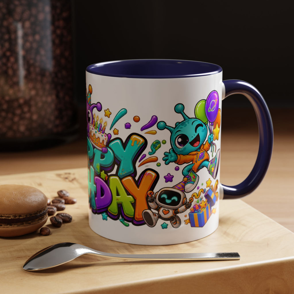 Happy Birthday Alien Mug – Colorful Space Party Cup with Cute Aliens & Robots