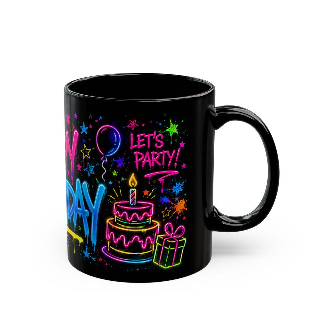 Happy Birthday Neon Graffiti Mug — Colorful Black Birthday Coffee Cup