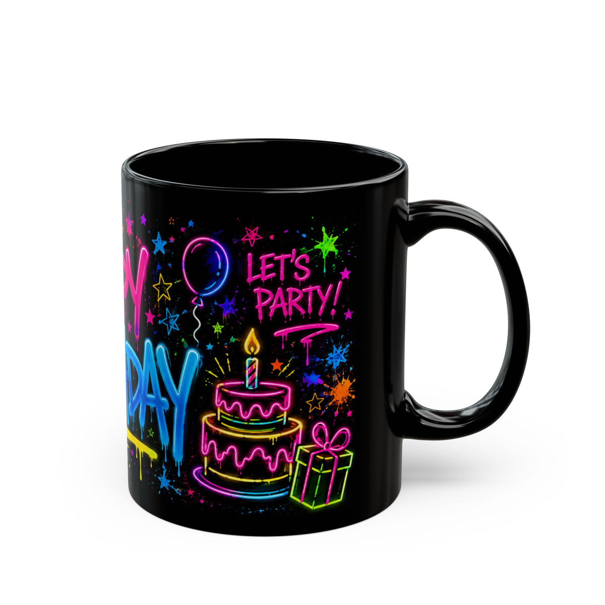 Happy Birthday Neon Graffiti Mug — Colorful Black Birthday Coffee Cup