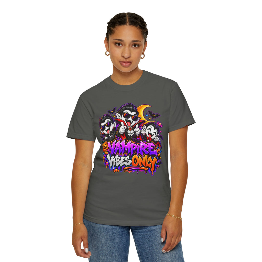 Neon Vampire Vibes Halloween Unisex Garment-Dyed T-Shirt Featuring a Cool Festora Vampire Crew