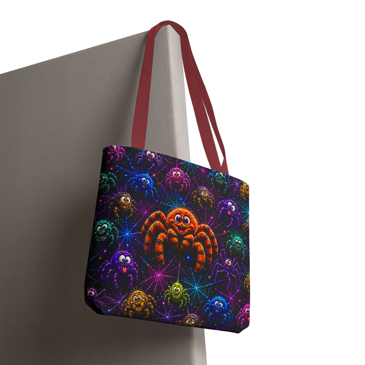 Colorful Crazy Spiders Halloween Tote Bag – Cute 3D Spider Web Pattern
