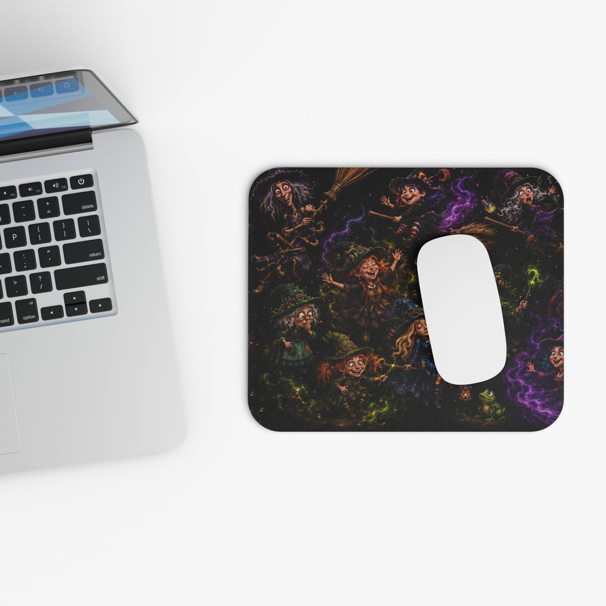 Witchy Night Rectangle Mouse Pad — Cute Cartoon Witches Halloween Design