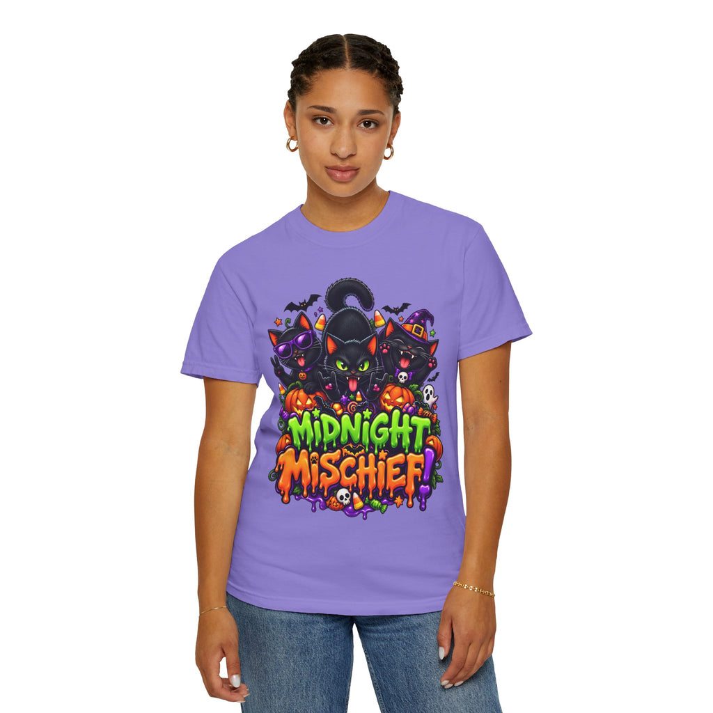 Midnight Mischief Halloween T-Shirt – Funny Black Cat Graphic Tee