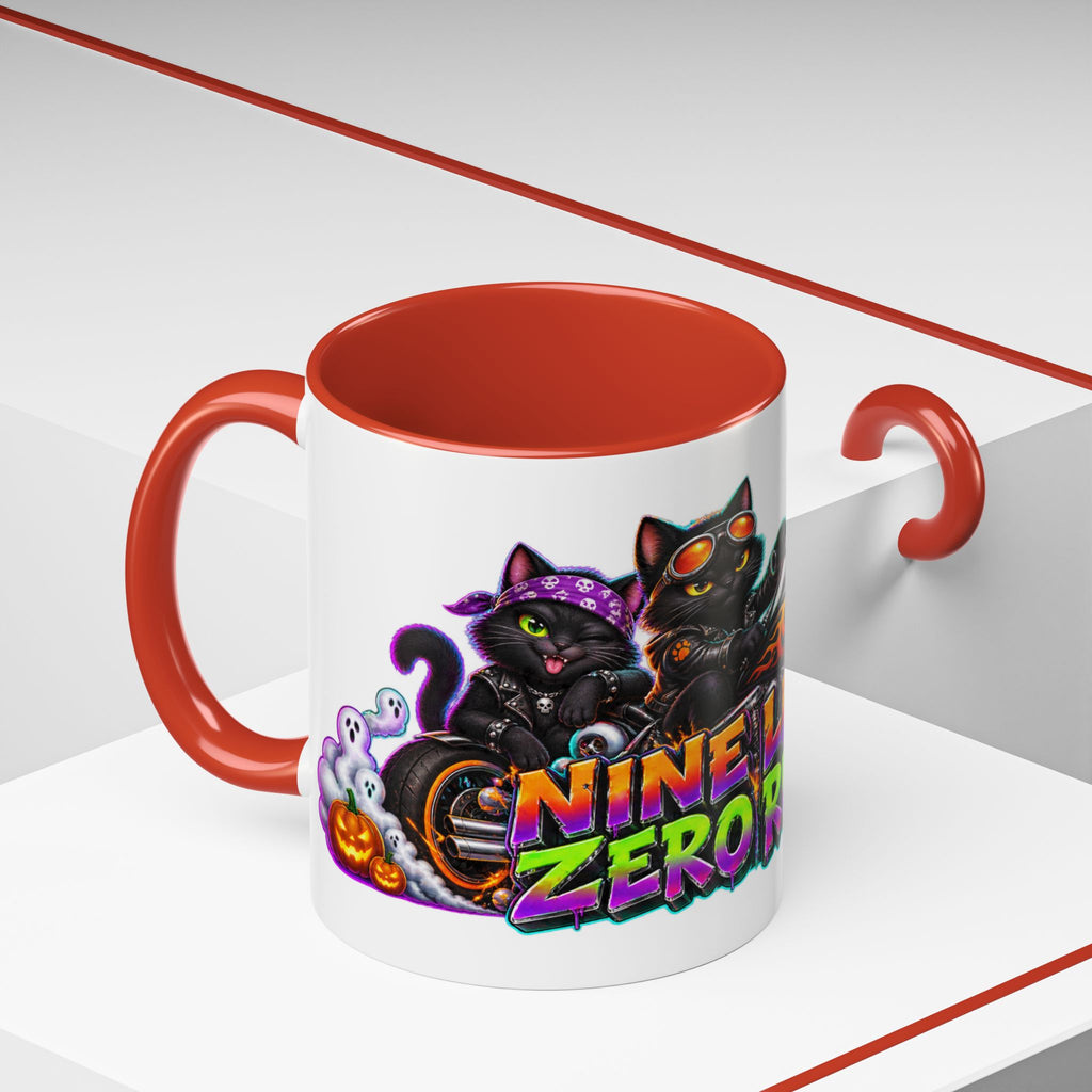 Nine Lives Zero Rules Biker Cats Halloween White Mug