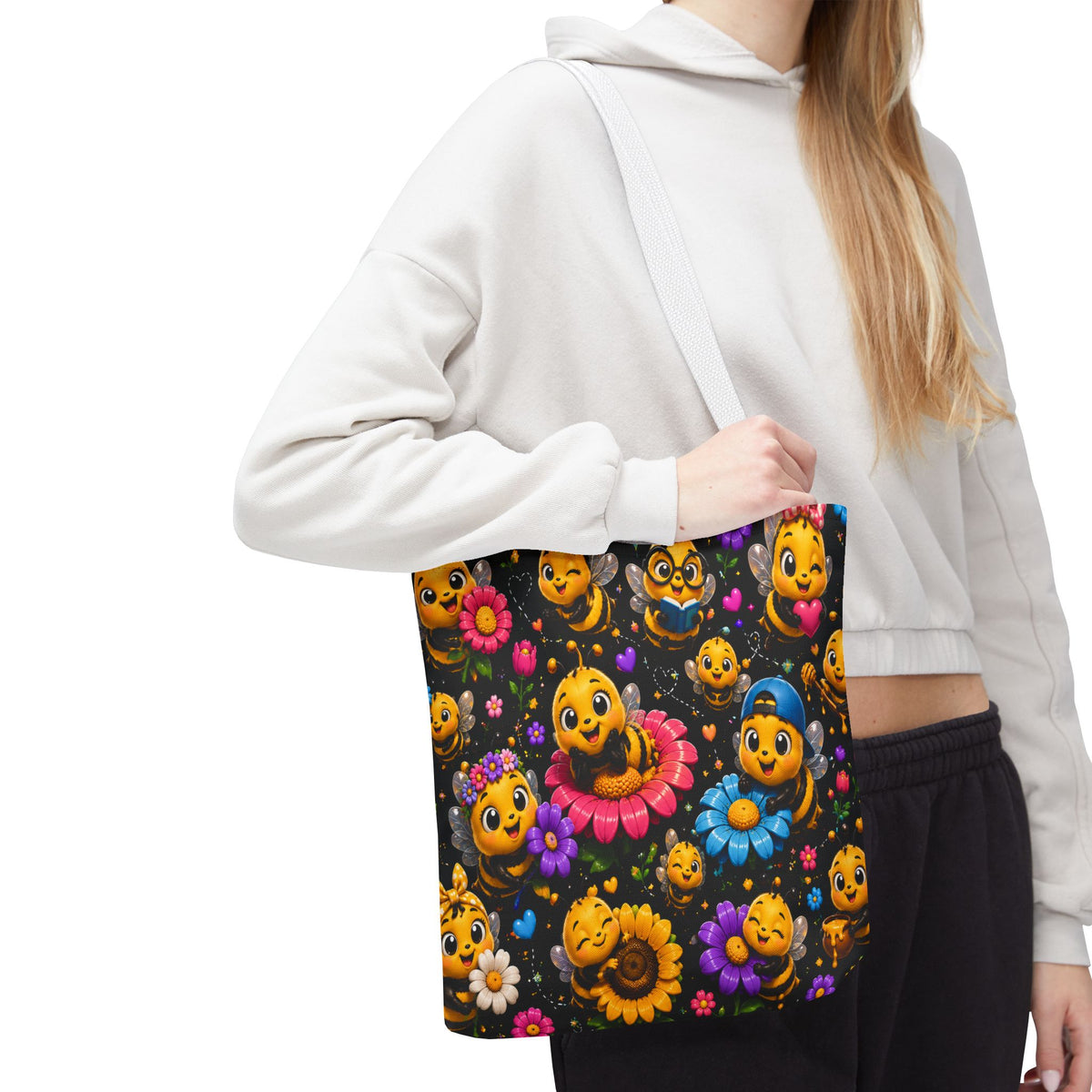 Cute Bee Pattern Tote Bag — Colorful Floral Cartoon Bees All-Over Print