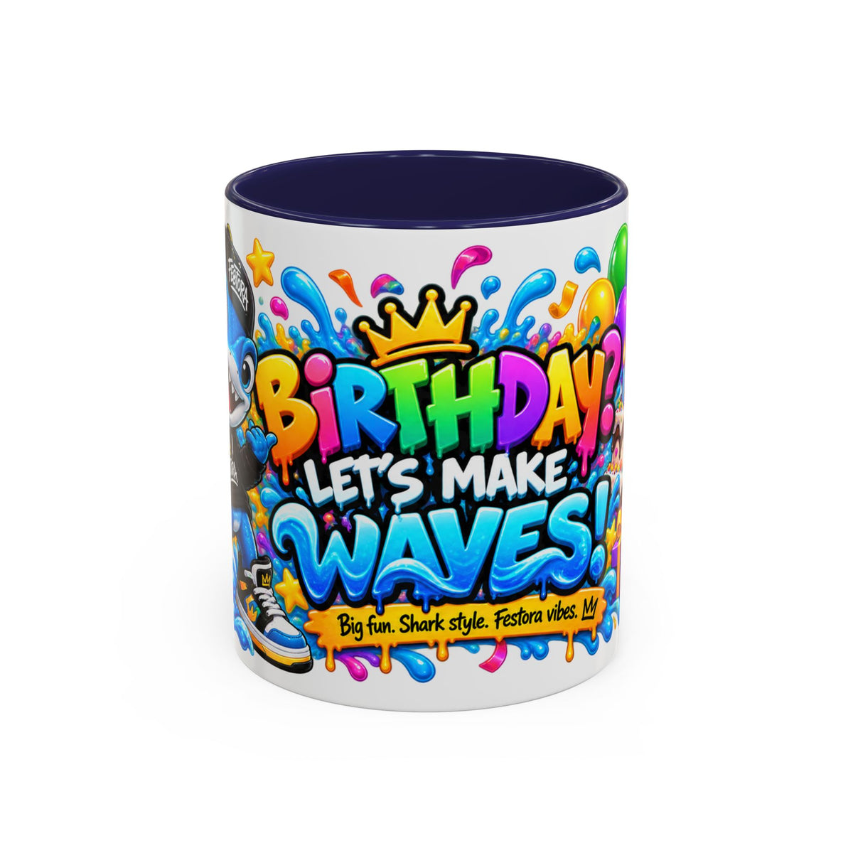 BIRTHDAY? LET’S MAKE WAVES! White Ceramic Mug – Funny Shark Birthday Coffee Cup – Original FestoraShop Design