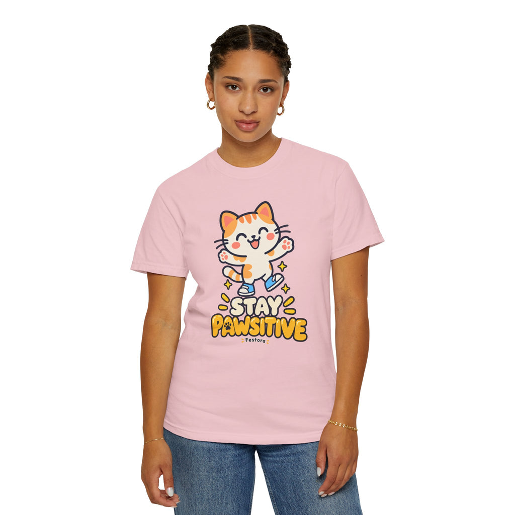 Stay Pawsitive – Cute Happy Cat Graphic T-Shirt