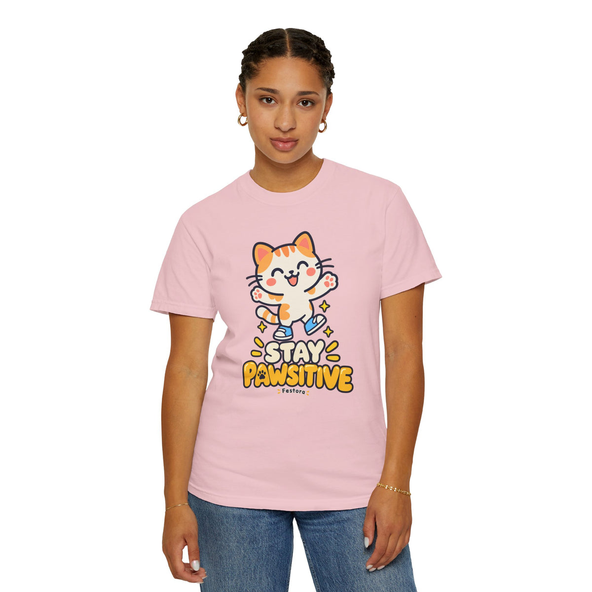 Stay Pawsitive – Cute Happy Cat Graphic T-Shirt