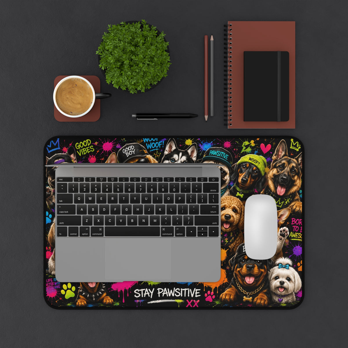 Dog Collage Desk Mat — 'Dogs Stay Pawsitive' Colorful Pet Office Mouse Pad